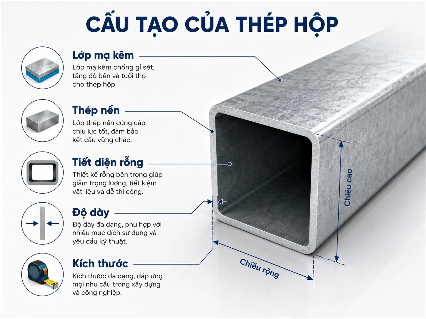 Thép hộp là gì? Cấu tạo, phân loại, ưu điểm và ứng dụng từ A–Z Cấu tạo của thép hộp